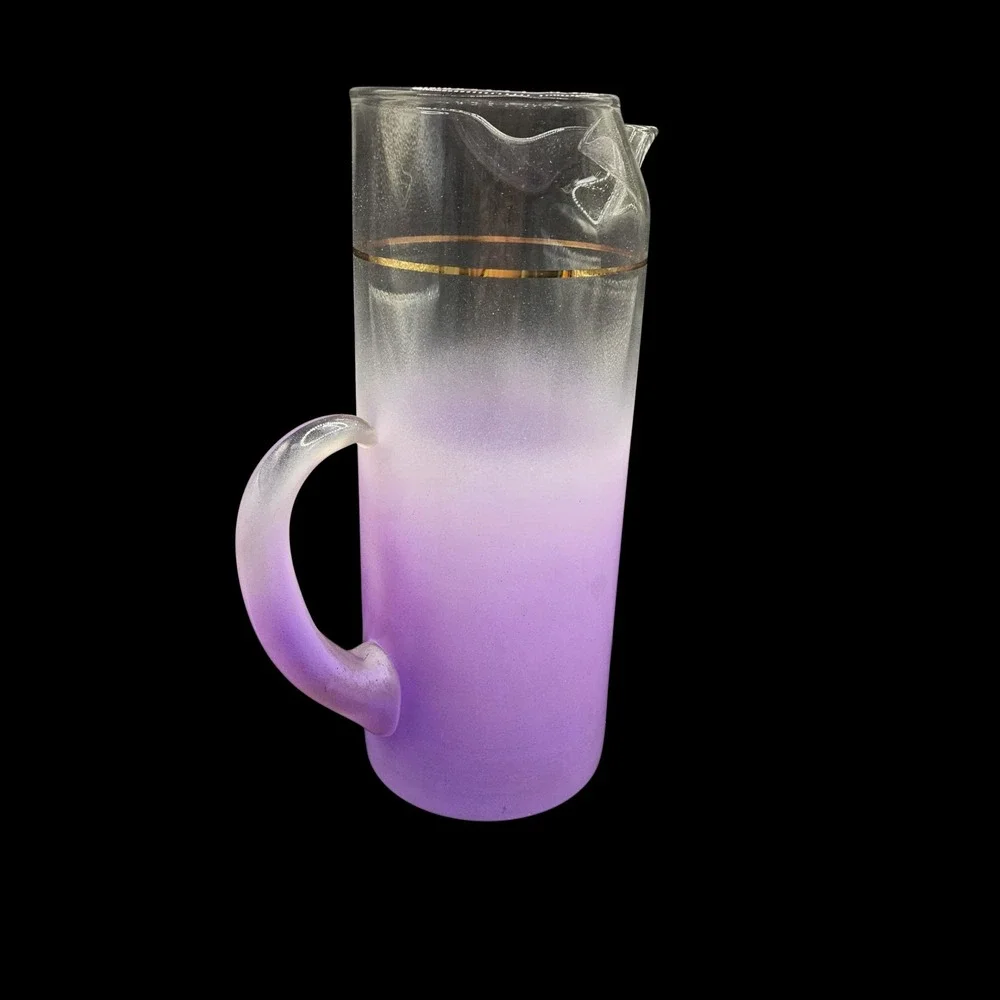 Vintage Blendo Frosted Ombre Purple‎ Pitcher & 6 Tumblers Gold Rim Barware Set